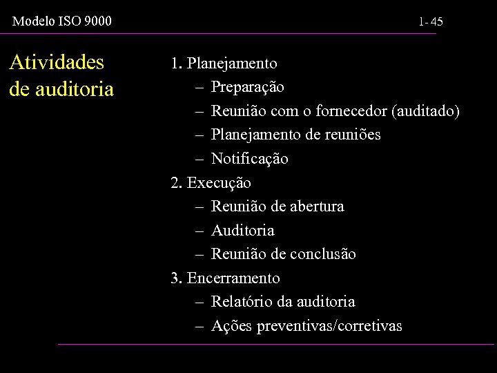Modelo ISO 9000 Atividades de auditoria 1 - 45 1. Planejamento – Preparação –