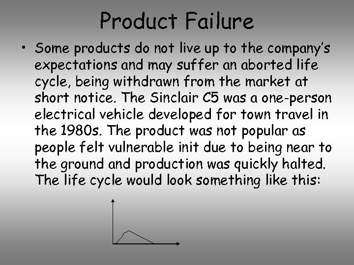 Product Failure • Some products do not live up to the company’s expectations and