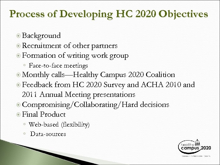 Process of Developing HC 2020 Objectives Background Recruitment of other partners Formation of writing