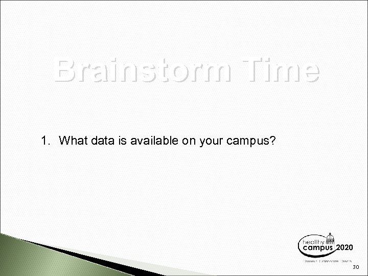 Brainstorm Time 1. What data is available on your campus? 30 