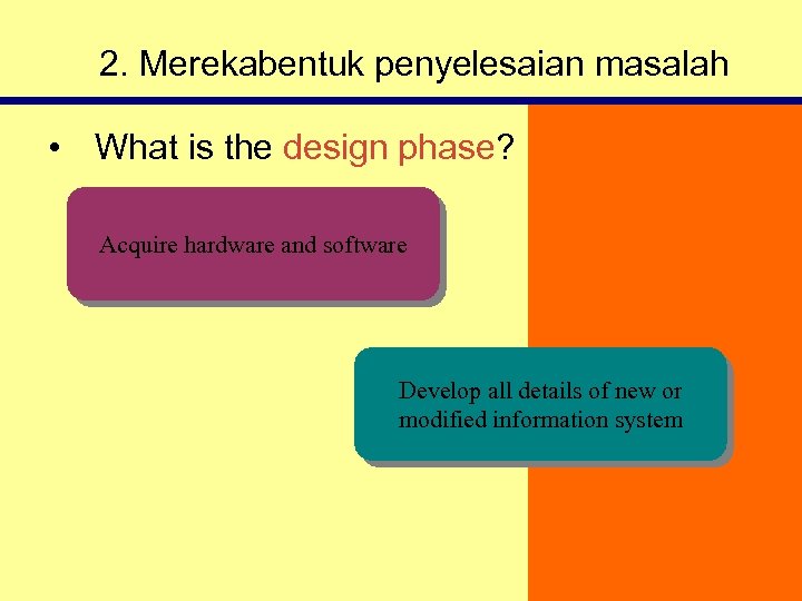 2. Merekabentuk penyelesaian masalah • What is the design phase? Acquire hardware and software