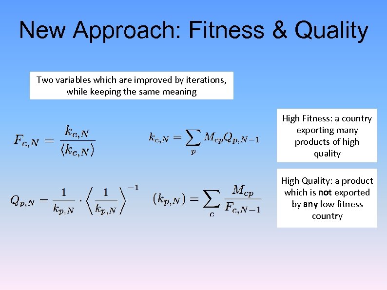 New Approach: Fitness & Quality Two variables which are improved by iterations, while keeping