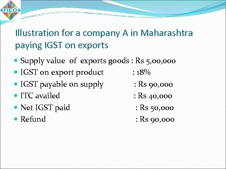 Illustration for a company A in Maharashtra paying IGST on exports Supply value of