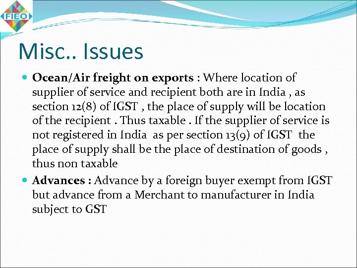 Misc. . Issues Ocean/Air freight on exports : Where location of supplier of service