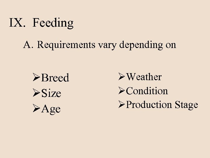 IX. Feeding A. Requirements vary depending on ØBreed ØSize ØAge ØWeather ØCondition ØProduction Stage