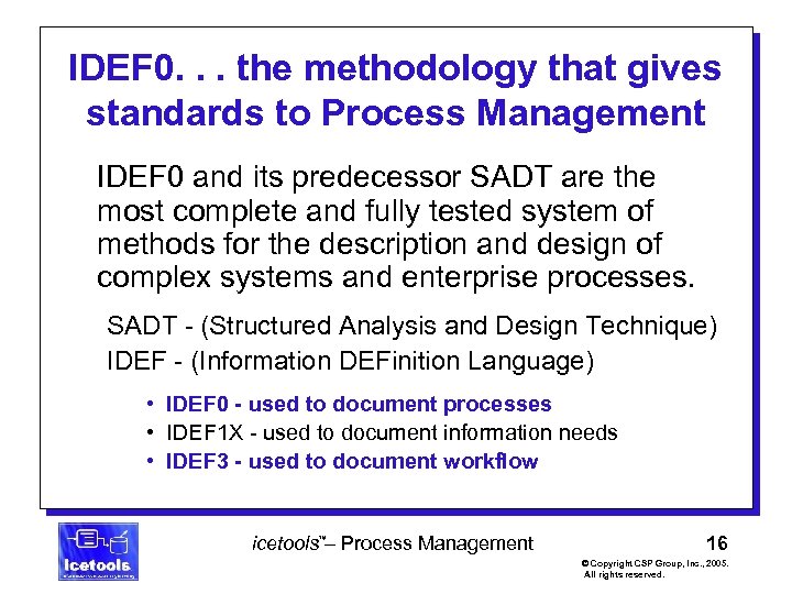 IDEF 0. . . the methodology that gives standards to Process Management IDEF 0