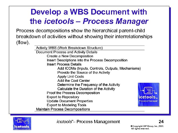 Develop a WBS Document with the icetools – Process Manager Process decompositions show the