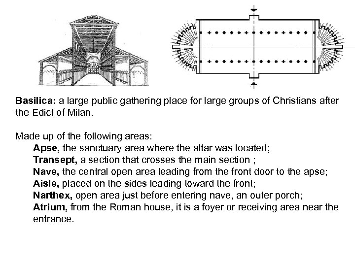 Basilica: a large public gathering place for large groups of Christians after the Edict