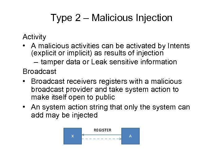 Type 2 – Malicious Injection Activity • A malicious activities can be activated by