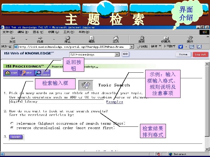 界面 介绍 主 题 检 索 返回按 钮 检索输入框 示例：输入 框输入格式、 规则说明及 注意事项 检索结果