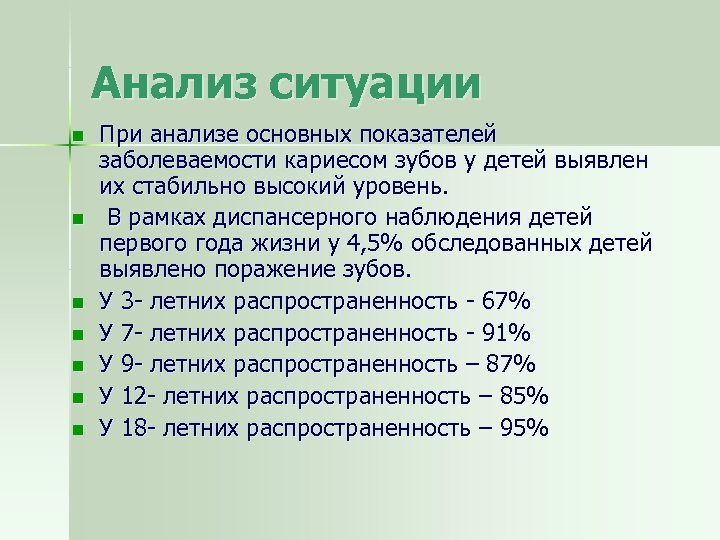Анализ ситуации n n n n При анализе основных показателей заболеваемости кариесом зубов у