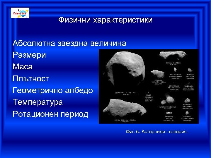 Физични характеристики Абсолютна звездна величина Размери Маса Плътност Геометрично албедо Температура Ротационен период Фиг.