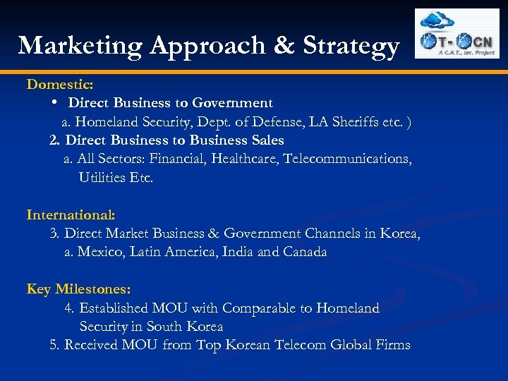 Marketing Approach & Strategy Domestic: • Direct Business to Government a. Homeland Security, Dept.