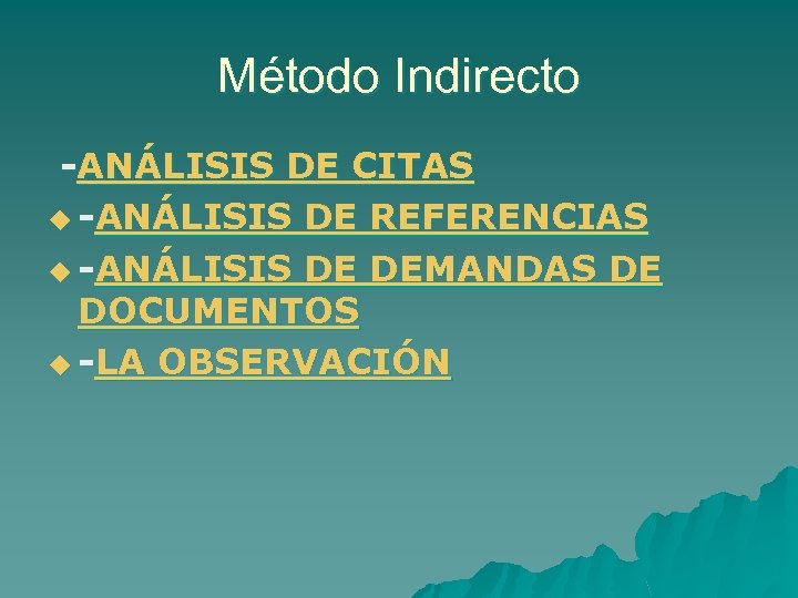 Método Indirecto -ANÁLISIS DE CITAS u -ANÁLISIS DE REFERENCIAS u -ANÁLISIS DE DEMANDAS DE