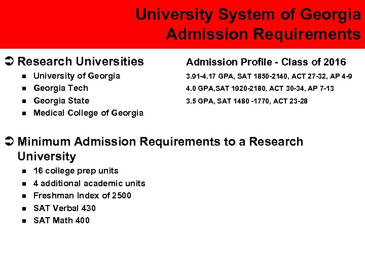 University System of Georgia Admission Requirements Ü Research Universities n n University of Georgia