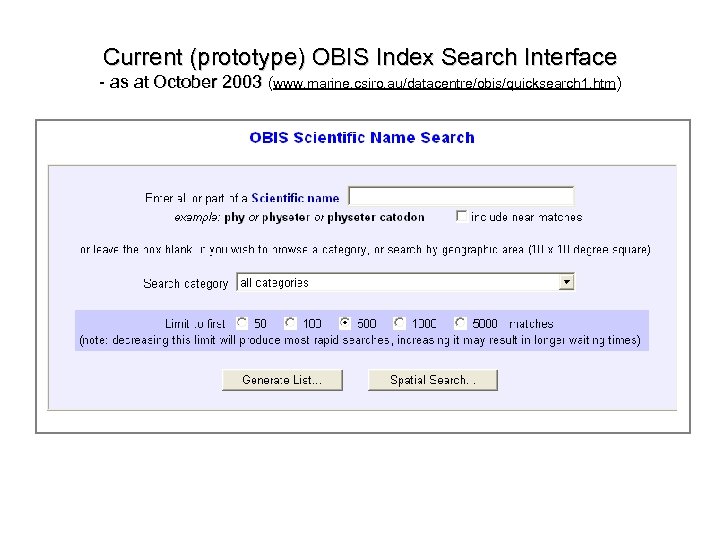 Current (prototype) OBIS Index Search Interface - as at October 2003 (www. marine. csiro.