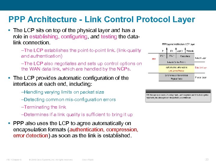 PPP Architecture - Link Control Protocol Layer § The LCP sits on top of