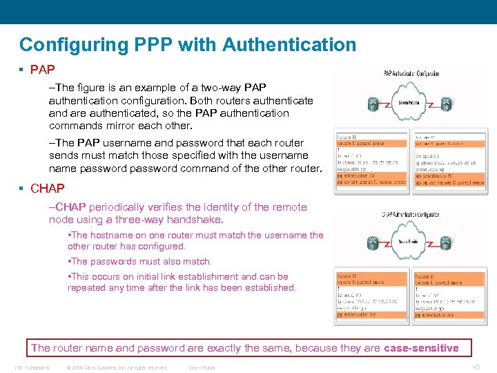 Configuring PPP with Authentication § PAP –The figure is an example of a two-way
