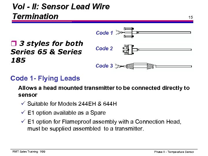 Vol - II: Sensor Lead Wire Termination 15 Code 1 r 3 styles for