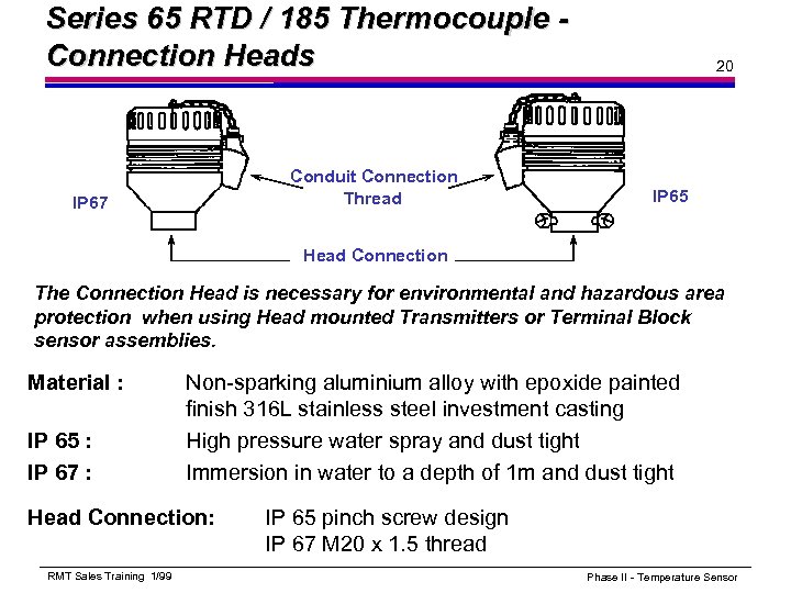 Series 65 RTD / 185 Thermocouple Connection Heads Conduit Connection Thread IP 67 20