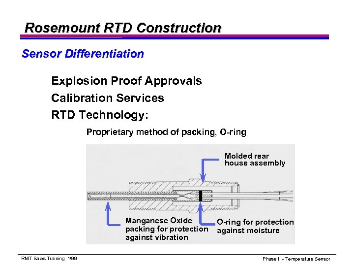 Rosemount RTD Construction Sensor Differentiation Explosion Proof Approvals Calibration Services RTD Technology: Proprietary method