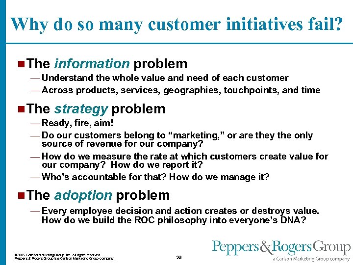 Why do so many customer initiatives fail? n The information problem — Understand the