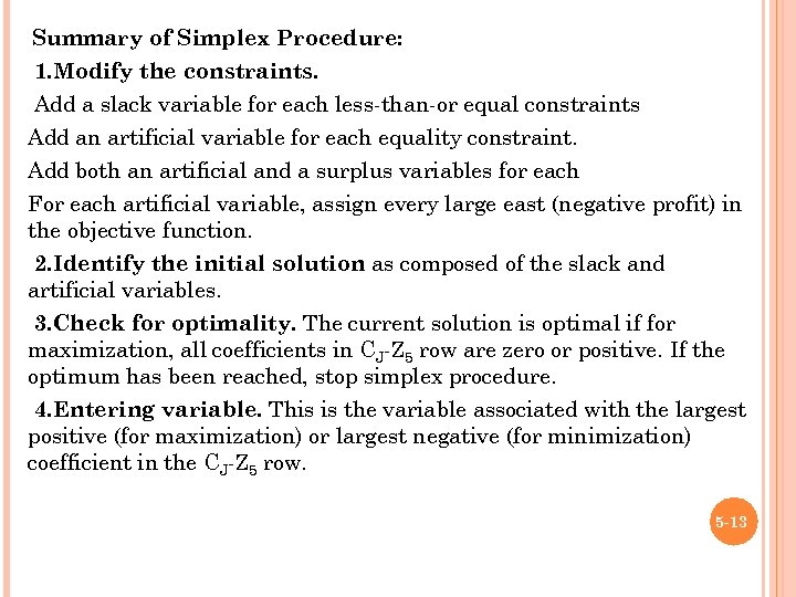 Summary of Simplex Procedure: 1. Modify the constraints. Add a slack variable for each