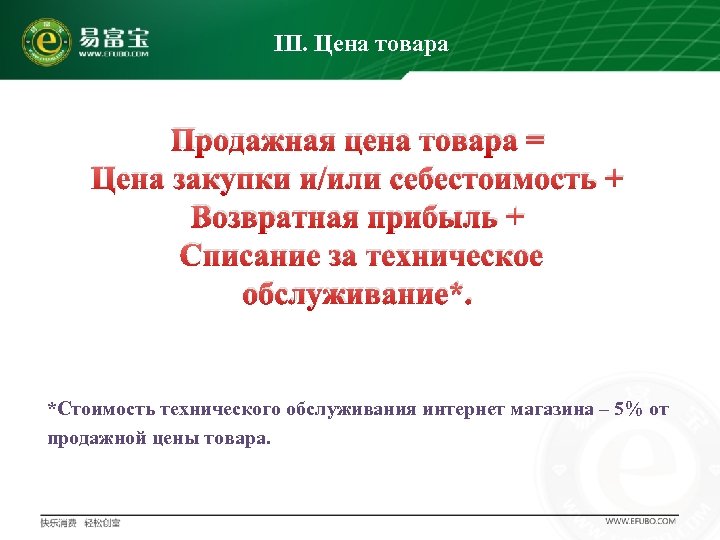 III. Цена товара Продажная цена товара = Цена закупки и/или себестоимость + Возвратная прибыль