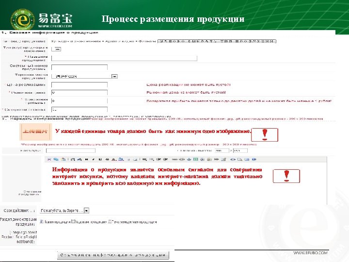 Процесс размещения продукции У каждой единицы товара должно быть как минимум одно изображение. Информация