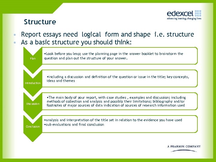 Structure • Report essays need logical form and shape i. e. structure • As