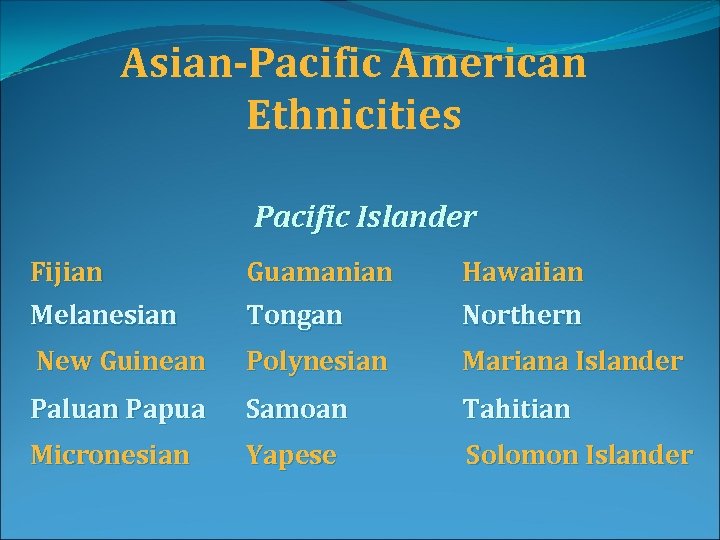 Asian-Pacific American Ethnicities Pacific Islander Fijian Guamanian Hawaiian Melanesian Tongan Northern New Guinean Polynesian