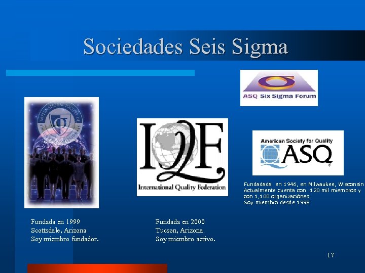 Sociedades Seis Sigma Fundadada en 1946, en Milwaukee, Wisconsin Actualmente cuenta con : 120