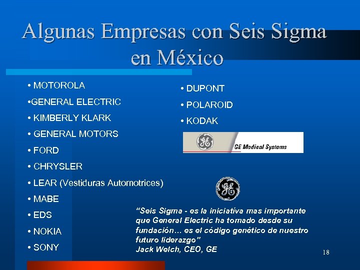 Algunas Empresas con Seis Sigma en México • MOTOROLA • DUPONT • GENERAL ELECTRIC