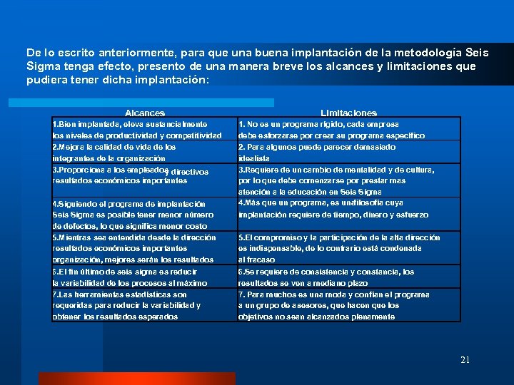 De lo escrito anteriormente, para que una buena implantación de la metodología Seis Sigma