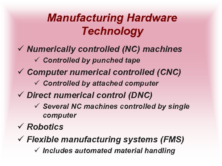 Manufacturing Hardware Technology ü Numerically controlled (NC) machines ü Controlled by punched tape ü