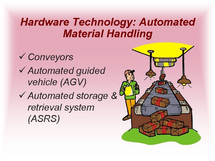 Hardware Technology: Automated Material Handling ü Conveyors ü Automated guided vehicle (AGV) ü Automated