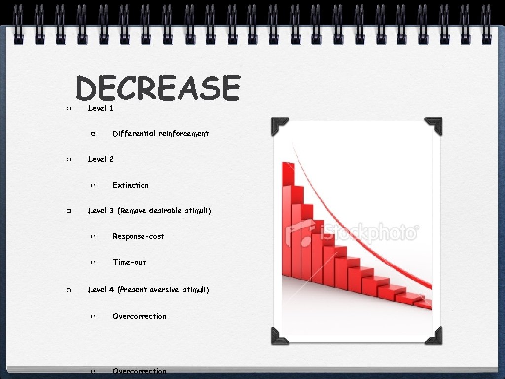 DECREASE Level 1 Differential reinforcement Level 2 Extinction Level 3 (Remove desirable stimuli) Response-cost