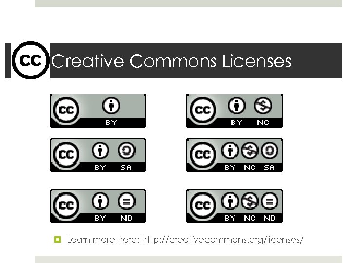 Creative Commons Licenses Learn more here: http: //creativecommons. org/licenses/ 