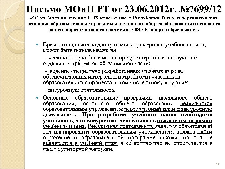 Письмо МОи. Н РТ от 23. 06. 2012 г. № 7699/12 «Об учебных планах