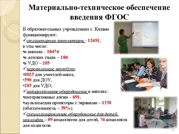 Материально-техническое обеспечение введения ФГОС В образовательных учреждениях г. Казани функционируют: üстационарные компьютеры 12451, в