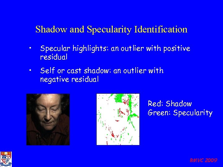 Shadow and Specularity Identification • Specular highlights: an outlier with positive residual • Self