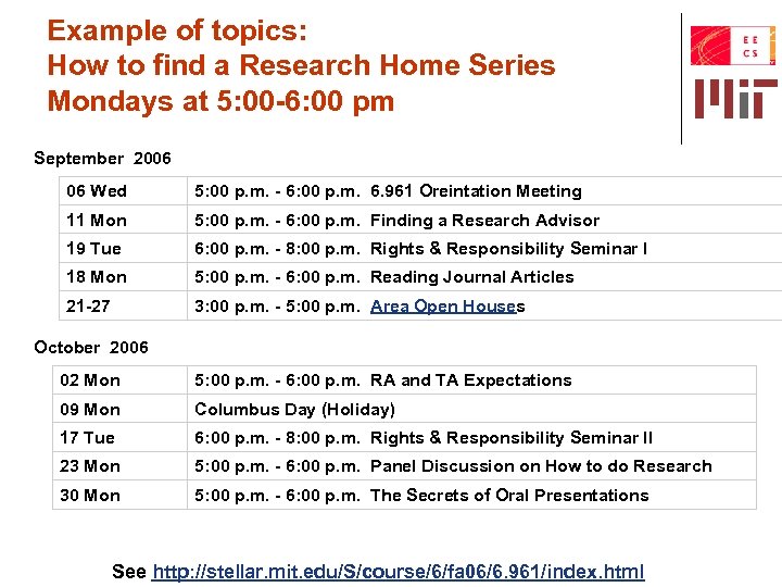 Example of topics: How to find a Research Home Series Mondays at 5: 00