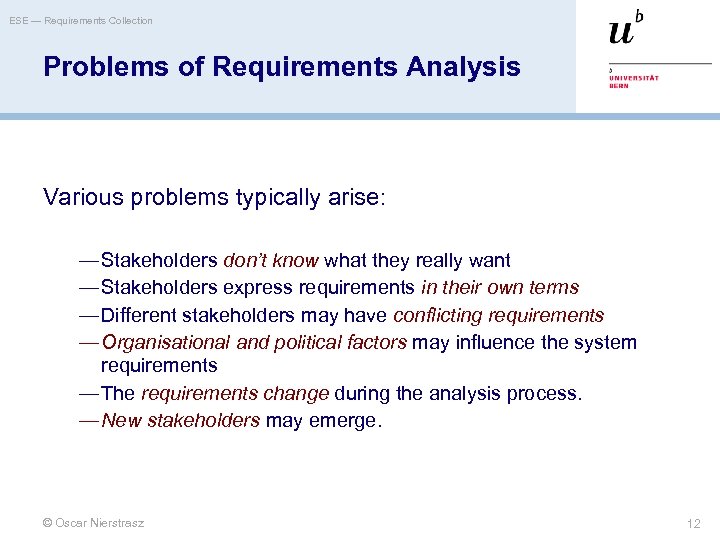 ESE — Requirements Collection Problems of Requirements Analysis Various problems typically arise: — Stakeholders