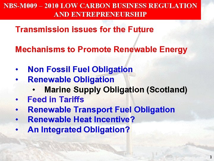 NBS-M 009 – 2010 LOW CARBON BUSINESS REGULATION AND ENTREPRENEURSHIP Transmission issues for the