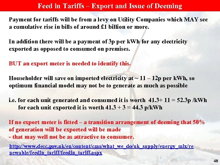 Feed in Tariffs – Export and Issue of Deeming Payment for tariffs will be