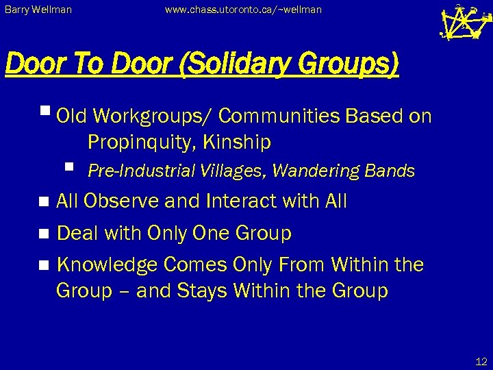 Barry Wellman www. chass. utoronto. ca/~wellman Door To Door (Solidary Groups) § Old Workgroups/