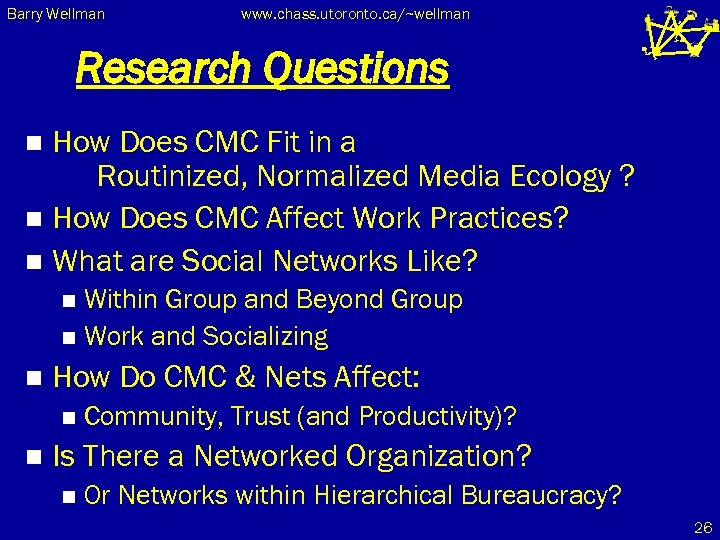 Barry Wellman www. chass. utoronto. ca/~wellman Research Questions How Does CMC Fit in a