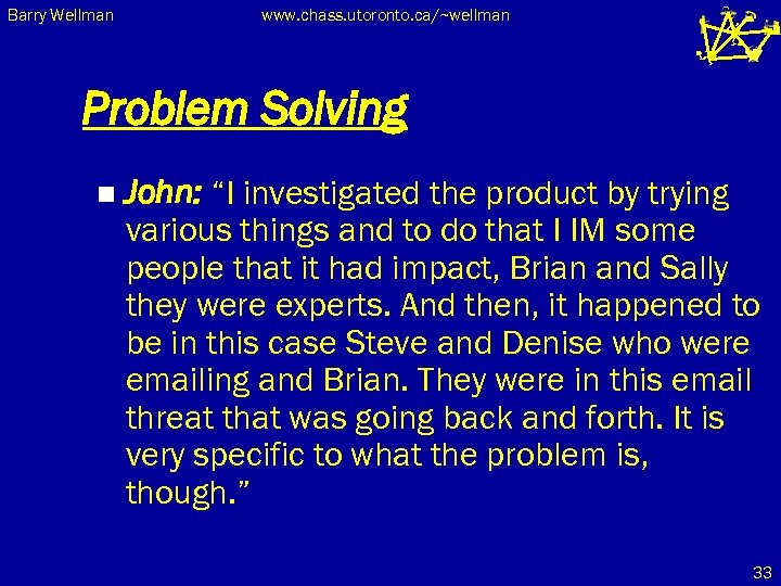 Barry Wellman www. chass. utoronto. ca/~wellman Problem Solving n John: “I investigated the product