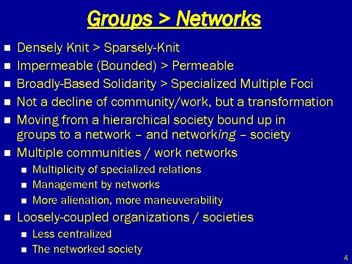 Groups > Networks n n n Densely Knit > Sparsely-Knit Impermeable (Bounded) > Permeable