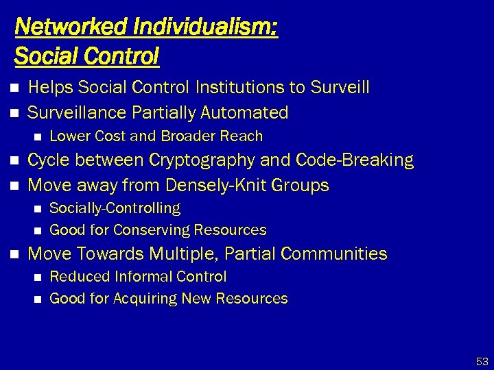 Networked Individualism: Social Control n n Helps Social Control Institutions to Surveillance Partially Automated